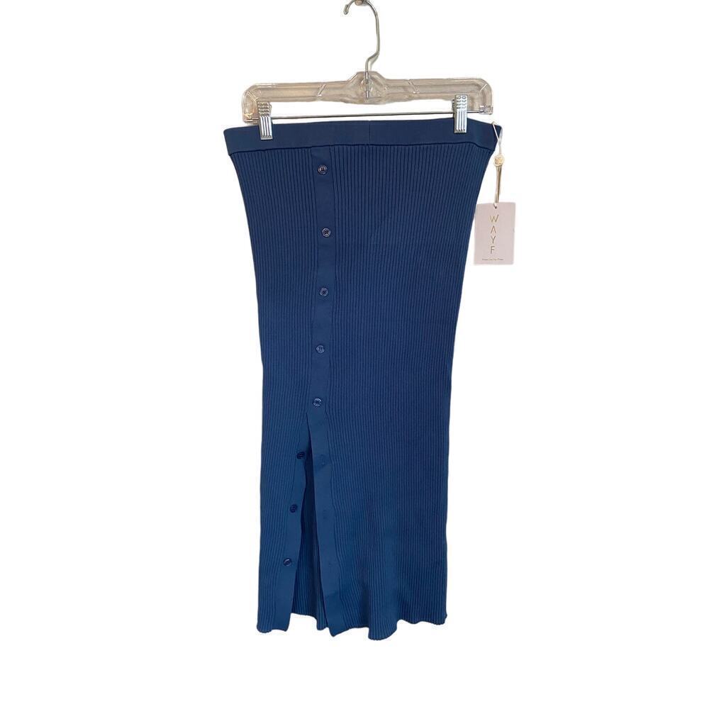 Wayf Midi ribbed blue skirt off center slit size L NWT